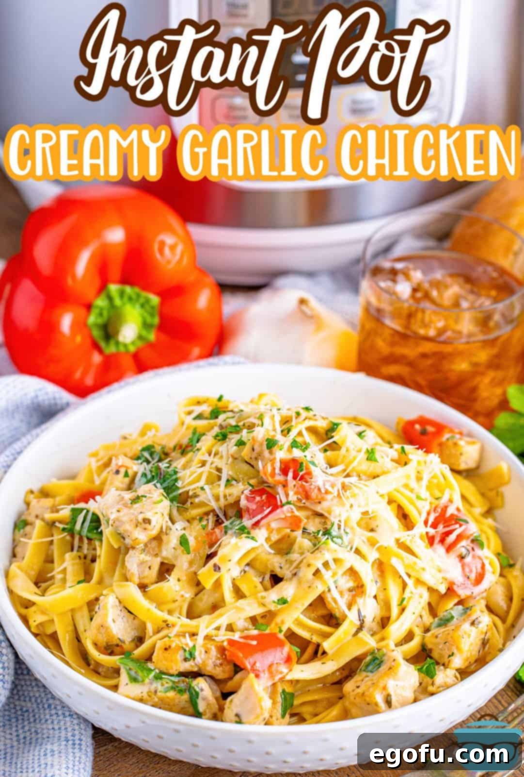 A big plate of Instant Pot Creamy Garlic Chicken Pasta.