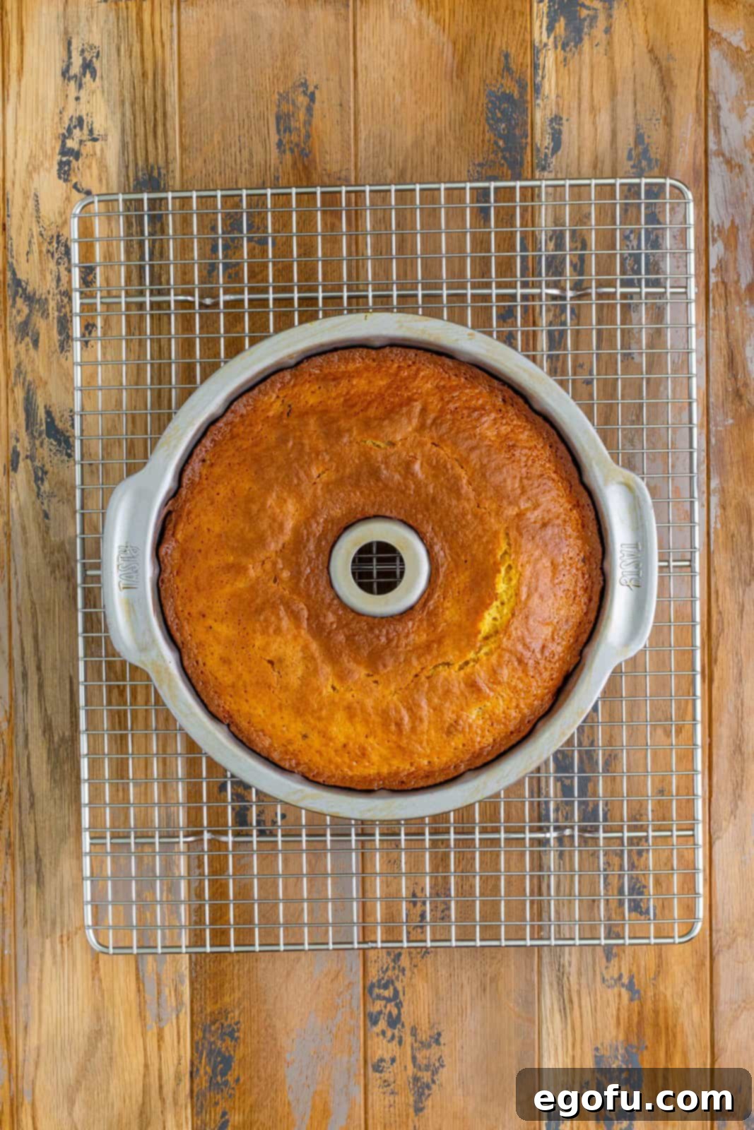 A fresh baked Sock It To Me Cake cooling in the bundt pan.