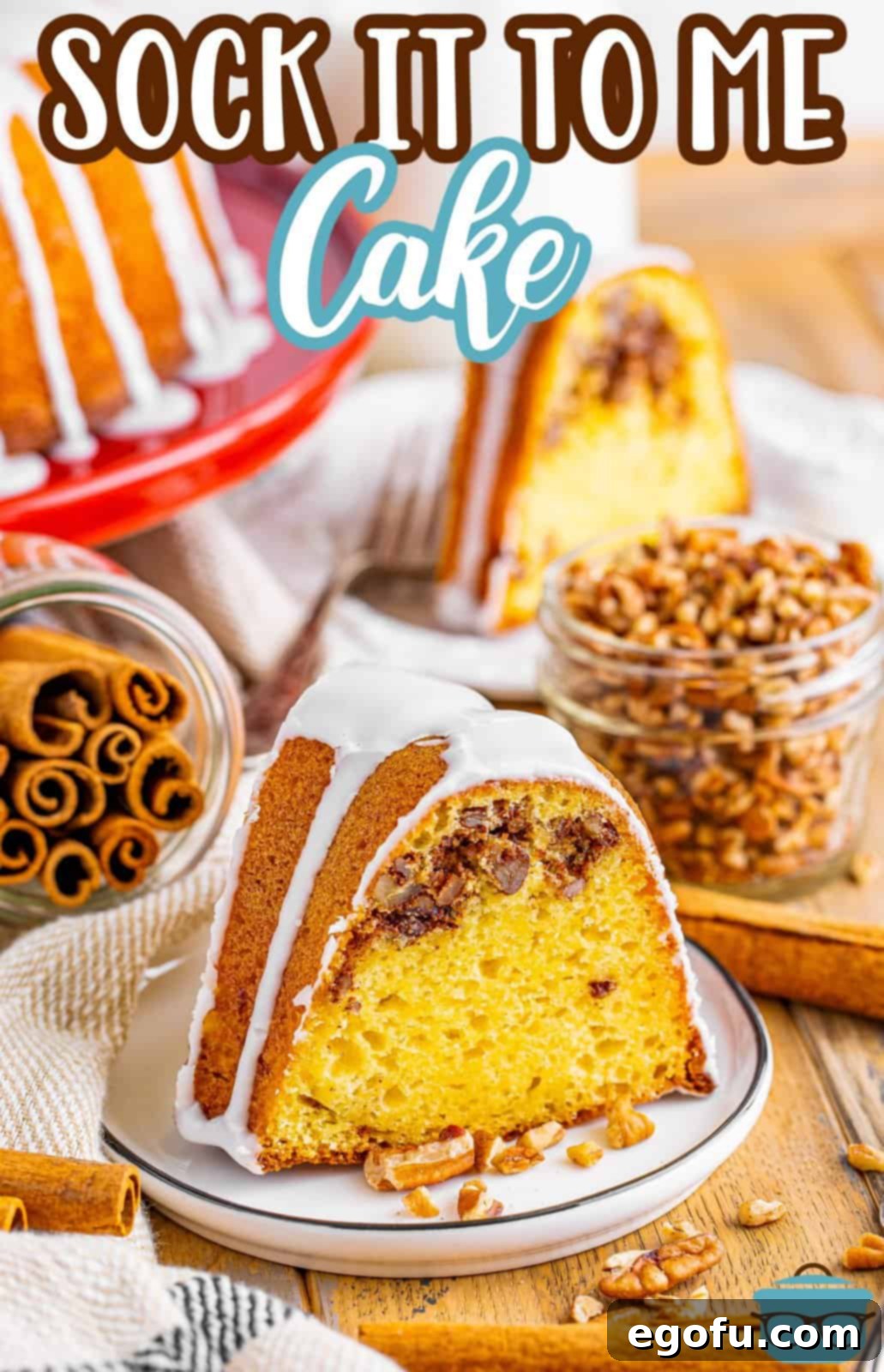 A slice of Sock it to me Cake with ingredients surrounding it.