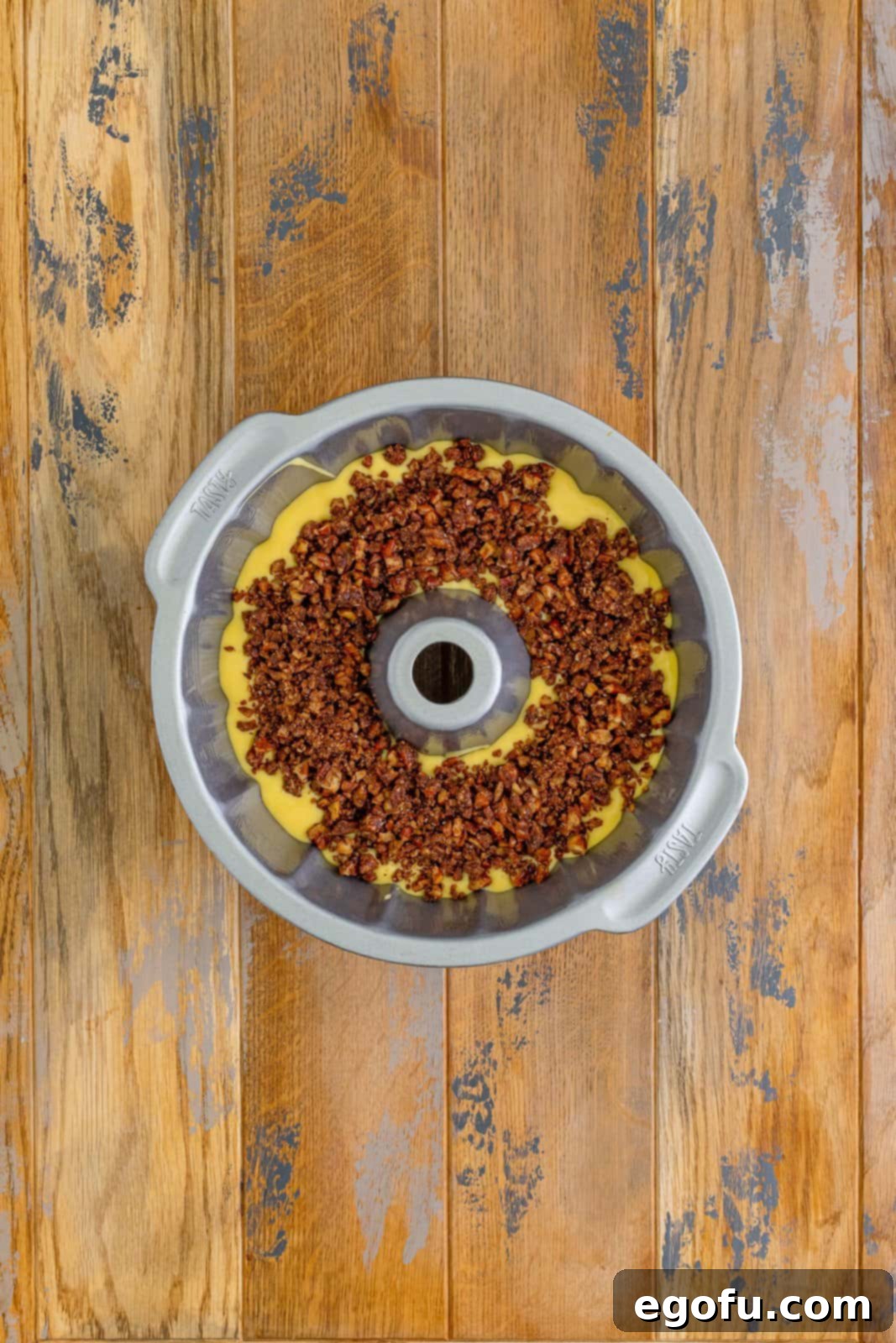 Sock it to me cake filling in a bundt pan.