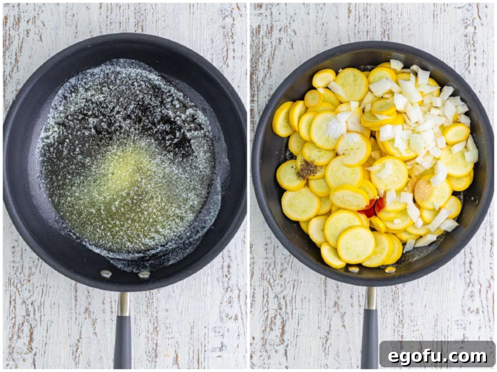 Collage showing butter melting in a skillet and then sliced squash and onions being added with seasonings.
