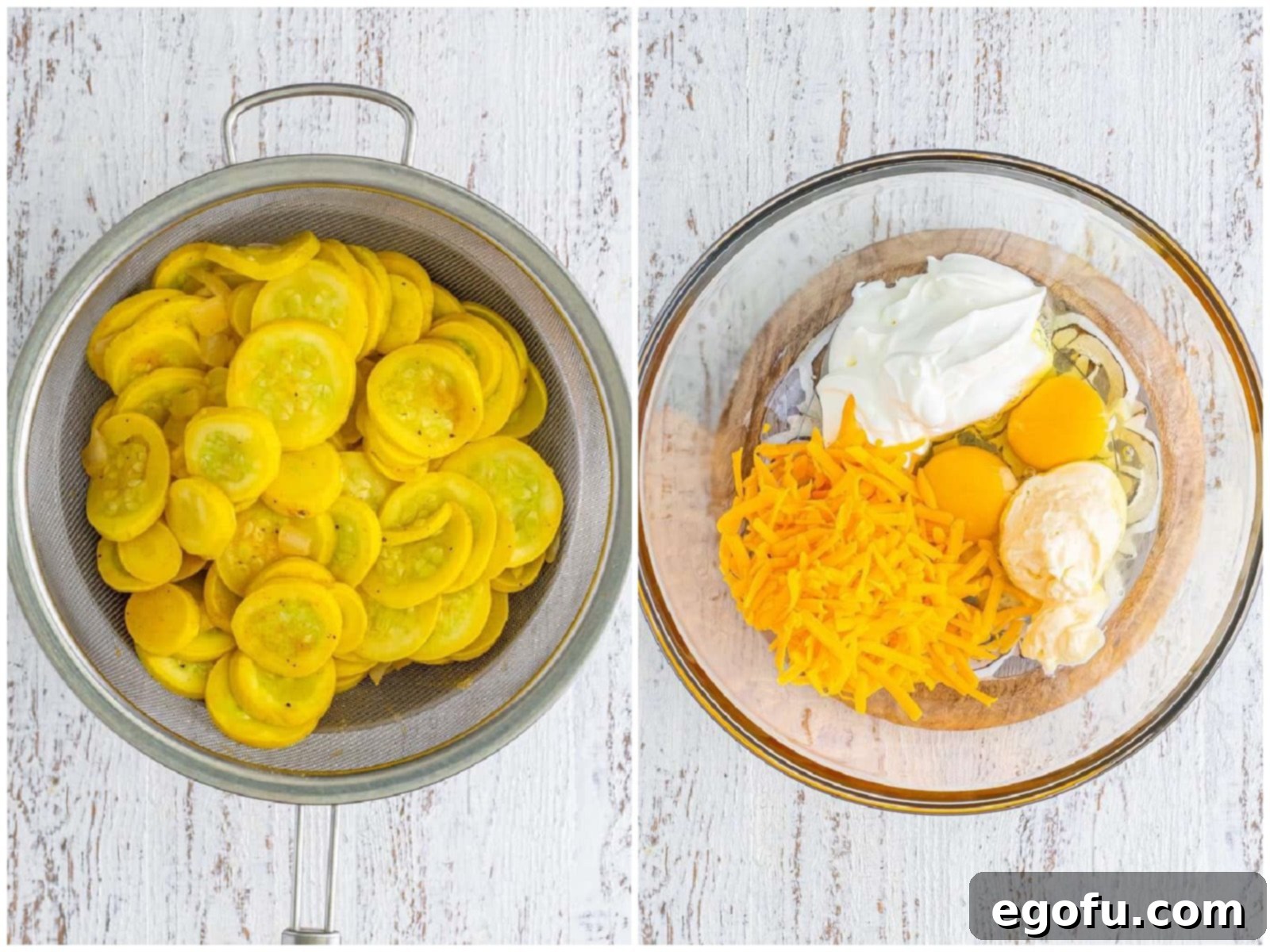 Collage showing cooked squash draining in a colander and a bowl with eggs, sour cream, mayonnaise, and cheese being mixed.