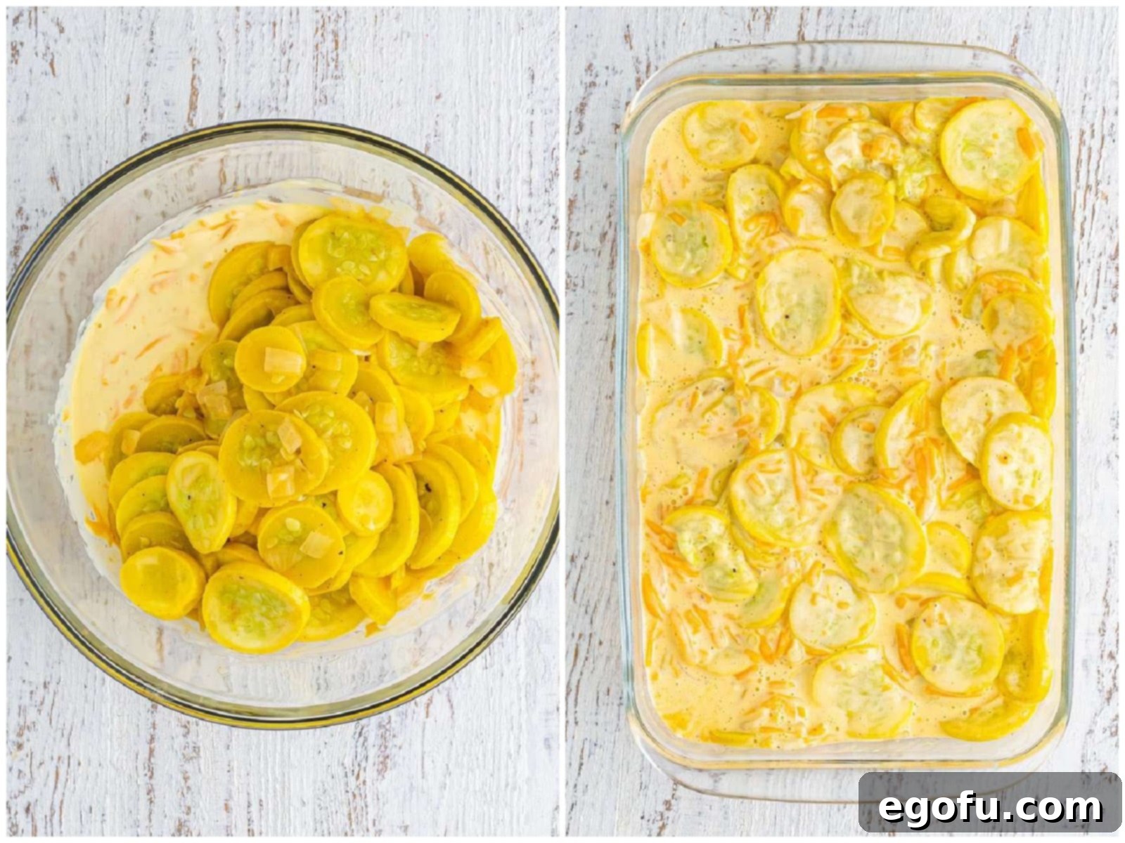 Collage showing the drained squash mixed with the creamy base and then being poured into a baking dish.