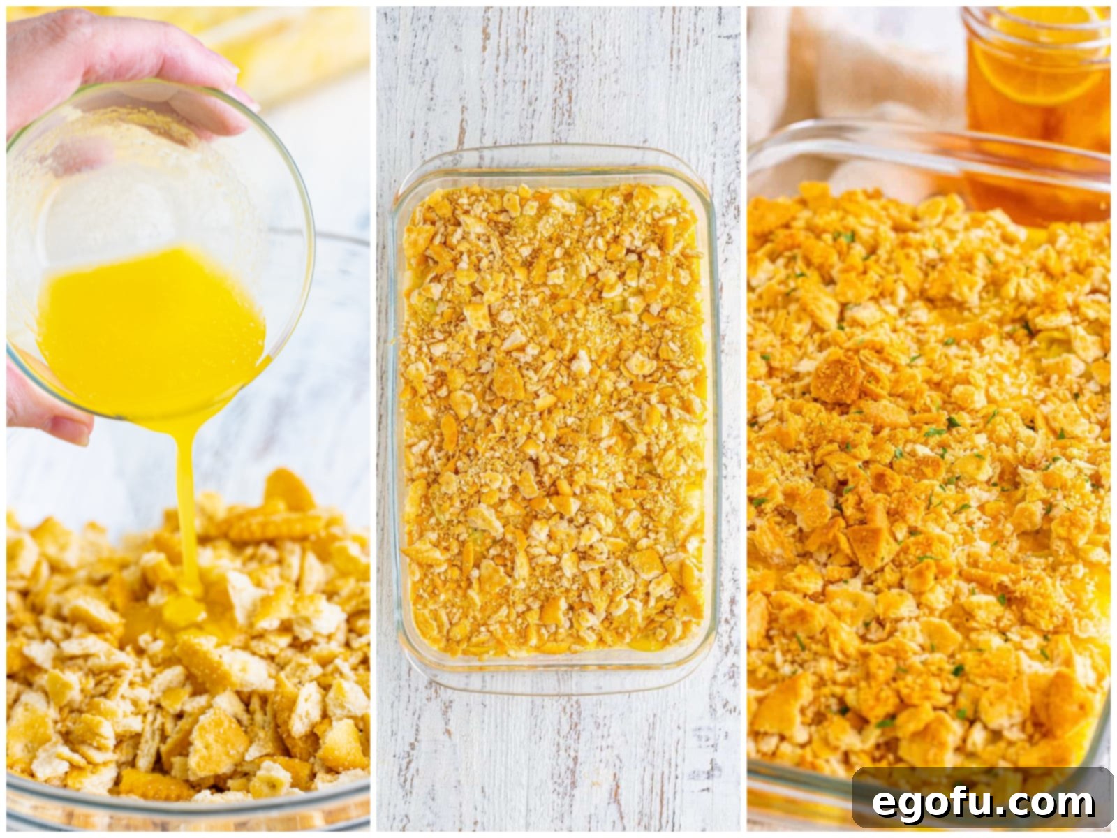Collage showing melted butter being poured over crushed crackers, the cracker topping spread on the casserole, and the fully baked casserole with a golden brown crust.