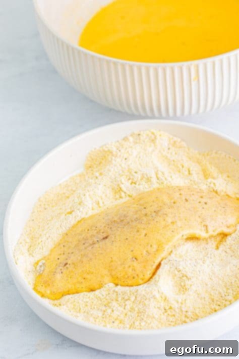 Golden Crispy Catfish 18 Catfish fillet in seasoning mixture, egg mixture and back in the bowl of the seasoning mixture.