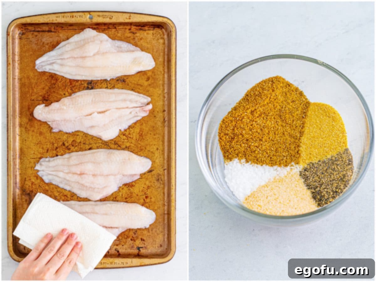 Golden Crispy Catfish 5 A collage of two photos: one showing a catfish fillet being dried with a paper towel, and another showing a small bowl of mixed seasonings.