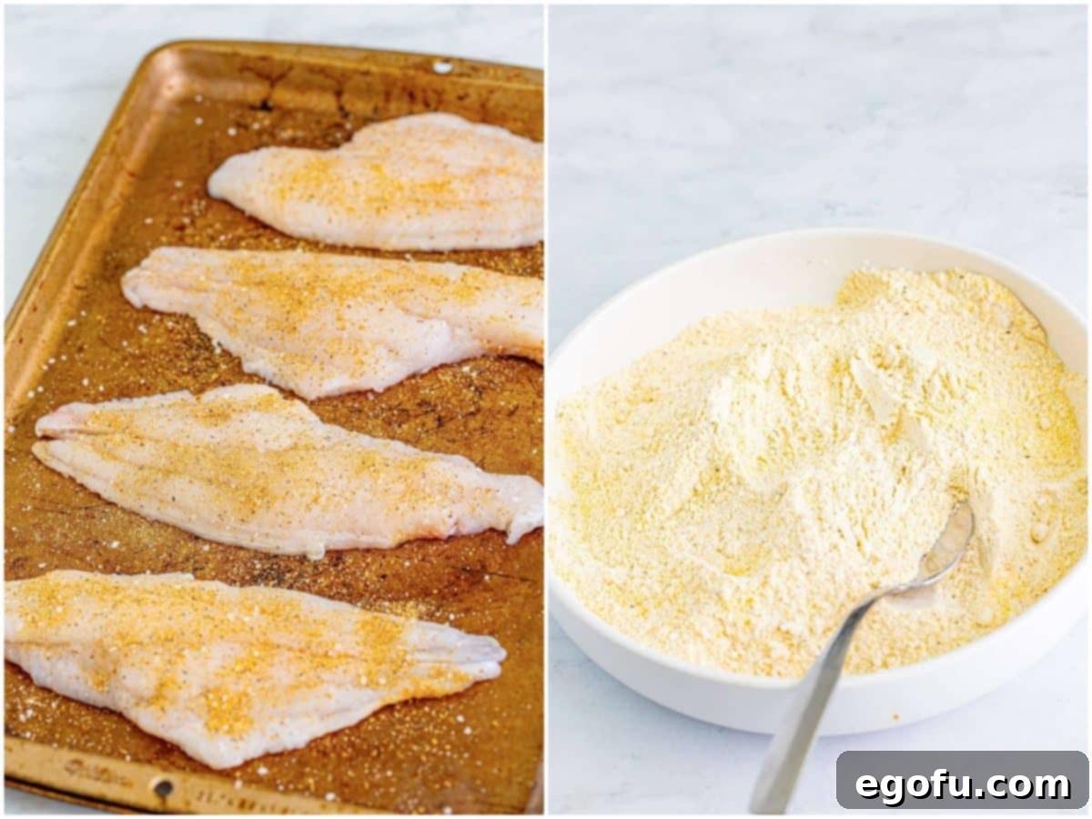 Golden Crispy Catfish 6 A collage of two photos: one showing catfish fillets being seasoned with spices, and another showing flour, cornmeal, and spices mixed in a bowl.