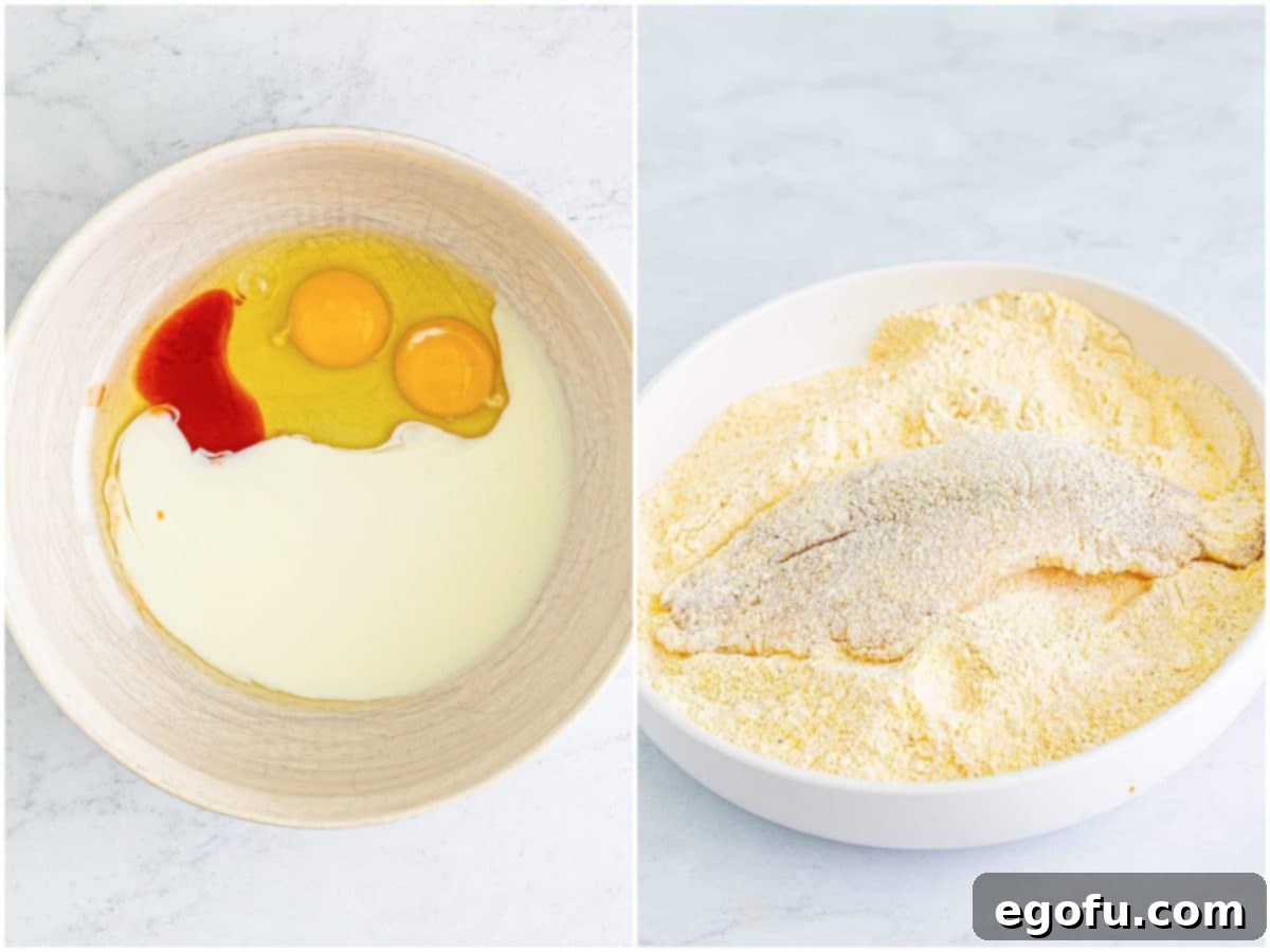 Golden Crispy Catfish 7 A collage of two photos: one showing buttermilk, hot sauce, and eggs whisked in a bowl, and another showing a catfish fillet being coated in the cornmeal mixture.