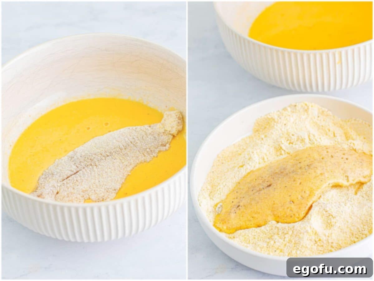 Golden Crispy Catfish 8 A collage of two photos: one showing a catfish fillet being coated in the egg mixture, and another showing the fillet being coated in the cornmeal mixture for a second time.