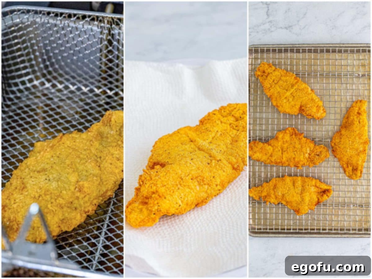 Golden Crispy Catfish 9 A collage of three photos: one showing fried catfish in a fryer basket, another showing fried catfish on a paper towel-lined plate, and a final image of fried catfish fillets on a baking sheet with a wire rack.