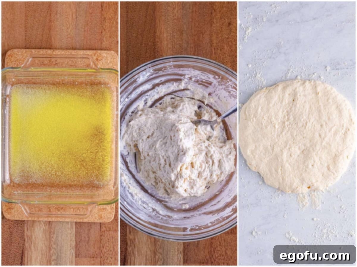 A collage of three process photos: melted butter in a square baking dish, biscuit dough mixing in a clear bowl, and dough spread on a floured counter.
