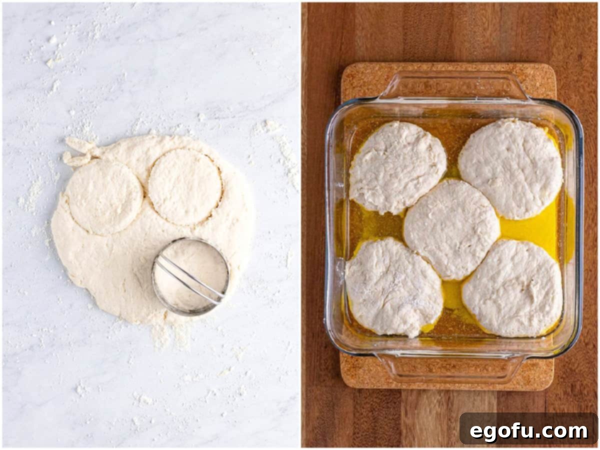 A collage of two process photos: a biscuit cutter forming biscuits, and raw biscuits sitting in melted butter in a baking dish.