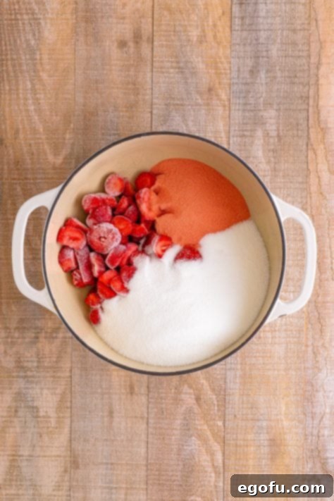 From Garden or Freezer: Homemade Strawberry Jam 13 A pot with lemon juice, strawberries, sugar and jello.