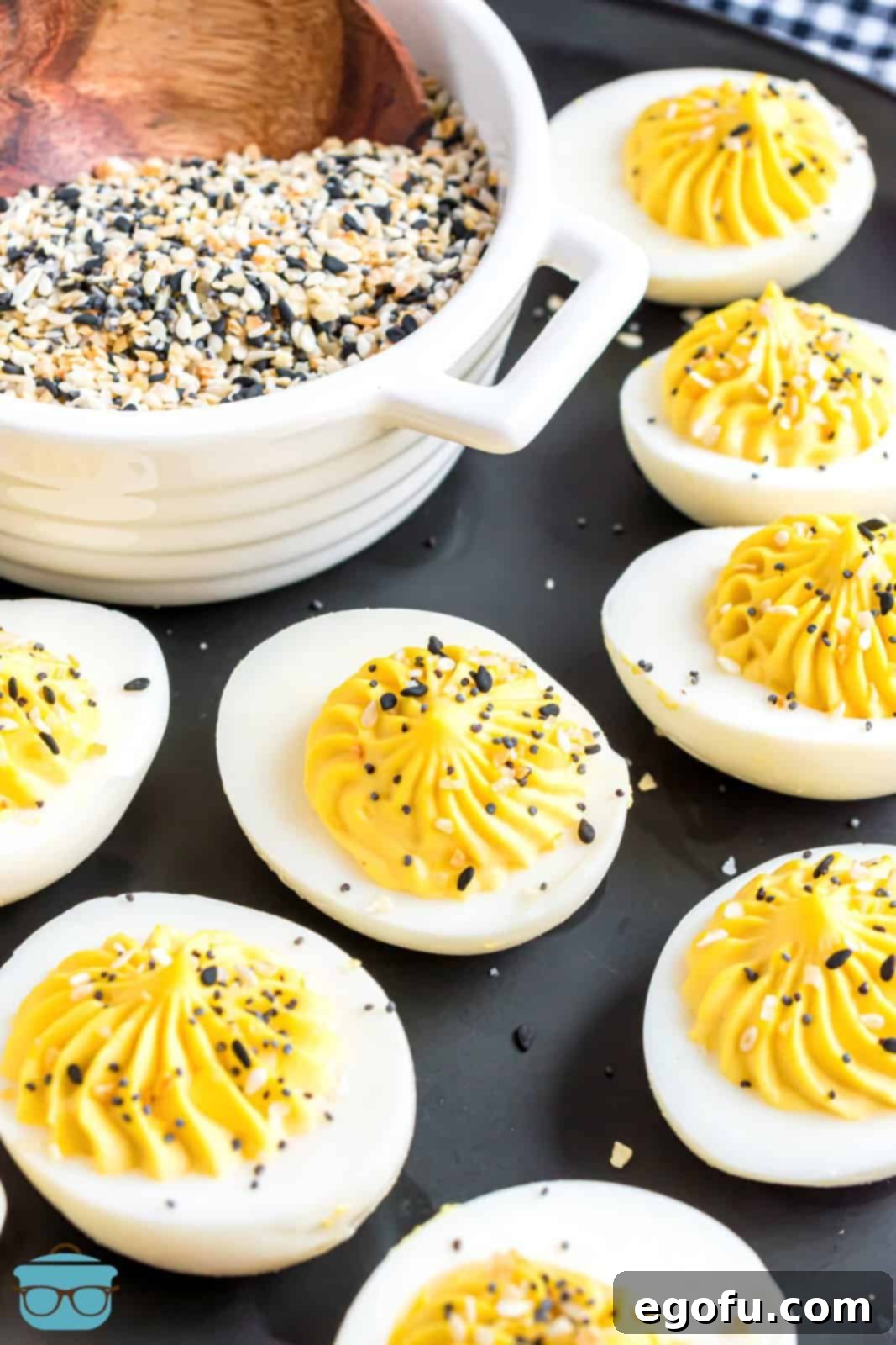 Deviled eggs with homemade Everything But The Bagel Seasoning sprinkled on top.