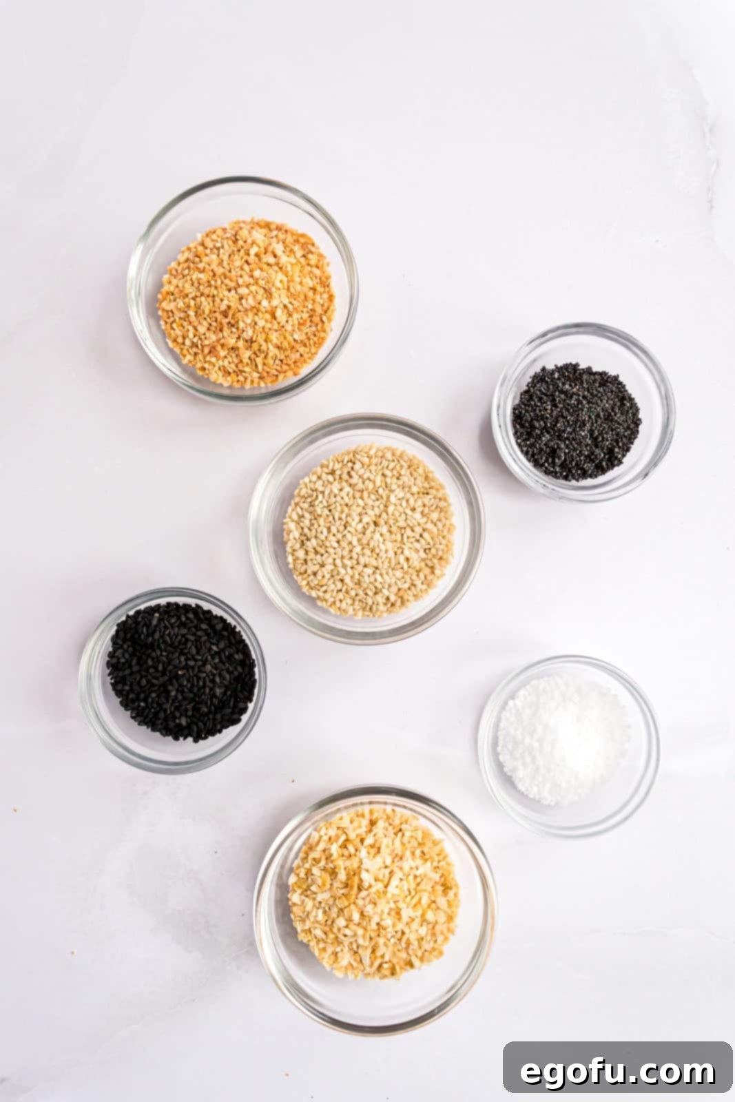 Poppy seeds, white sesame seeds, black sesame seeds, dried minced onion, dried minced garlic, and salt.