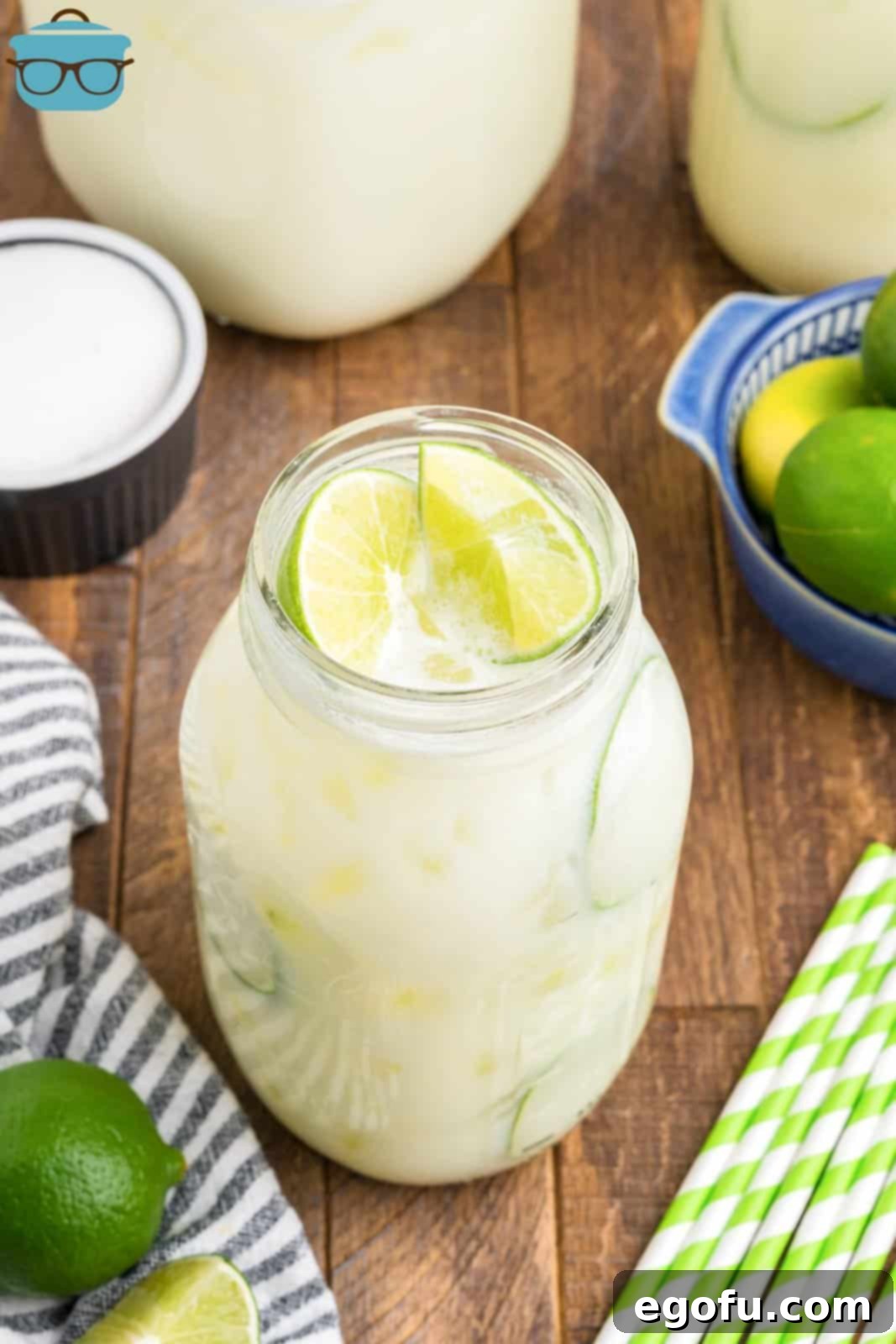 Brazilian Lemon Dream 10 A glass of limonada, Brazilian Lemonade, with fresh lime slices on top, ready to drink.