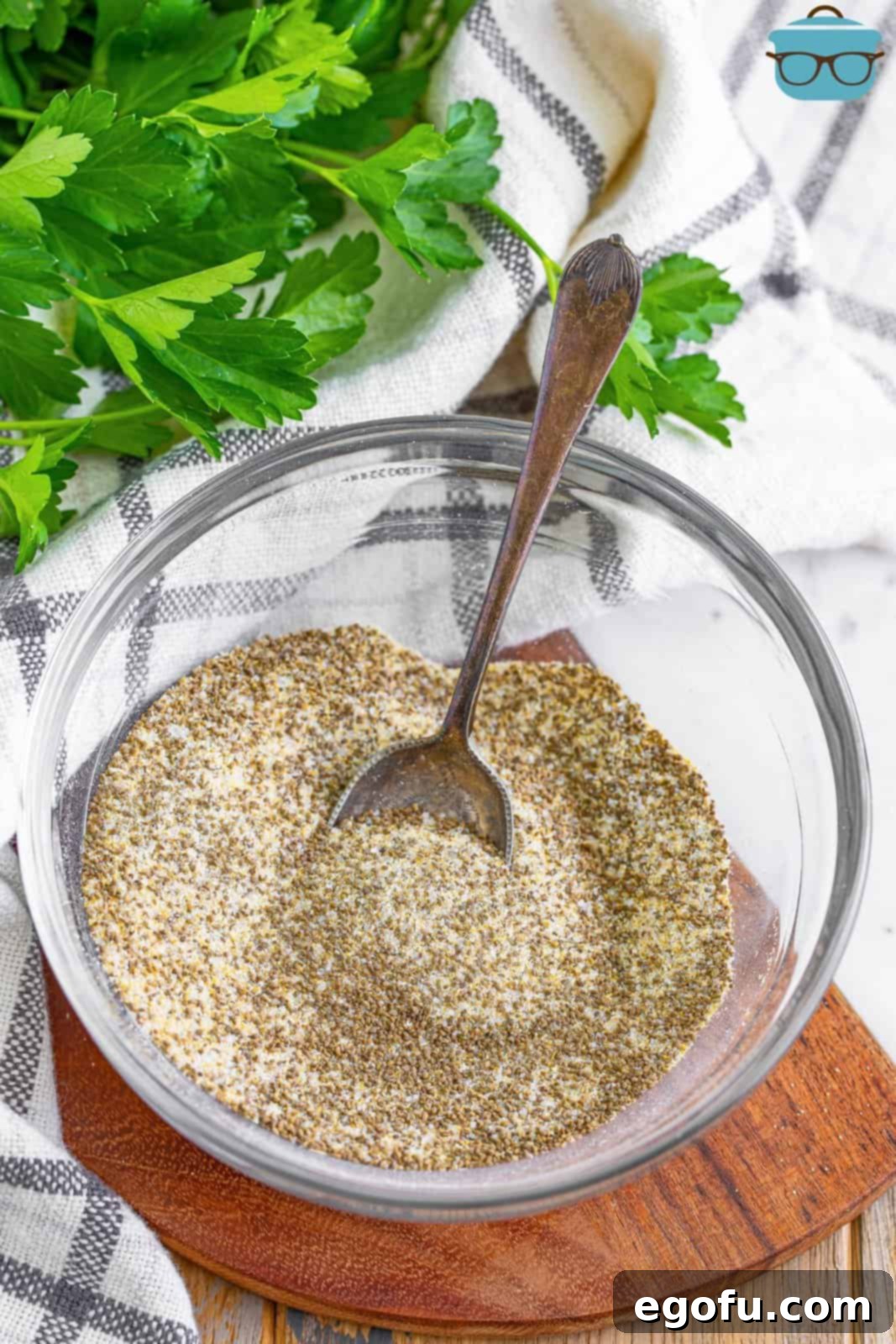Looking down on a bowl of freshly mixed Beau Monde® Seasoning.