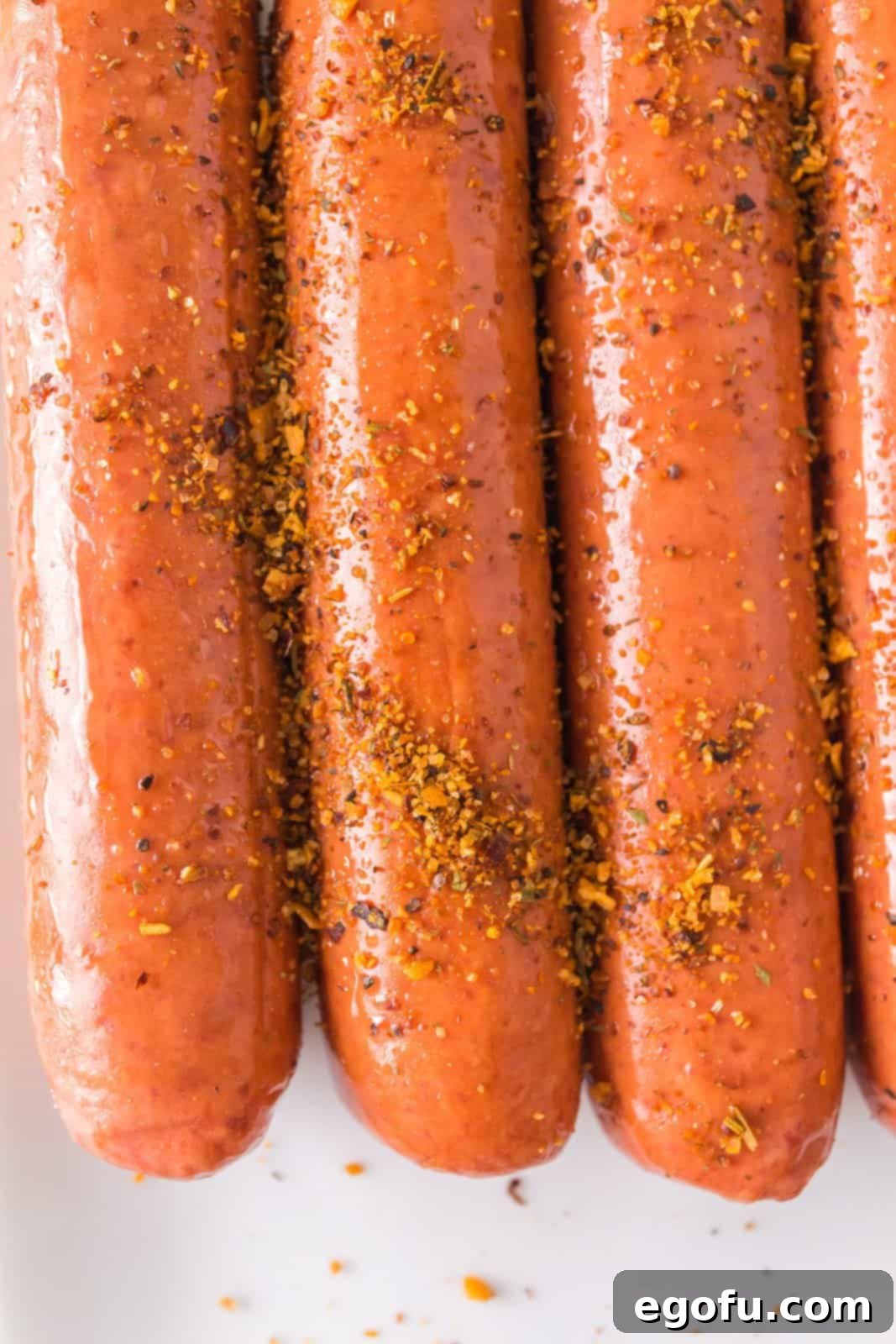 Hot dogs seasoned with oil, BBQ seasoning, and dry mustard.