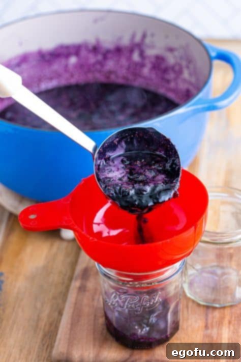 A ladle pouring homemade blueberry jam into a funnel into a jar.