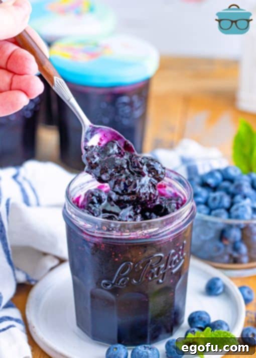 A spoon holding some blueberry jam over the jar of it.
