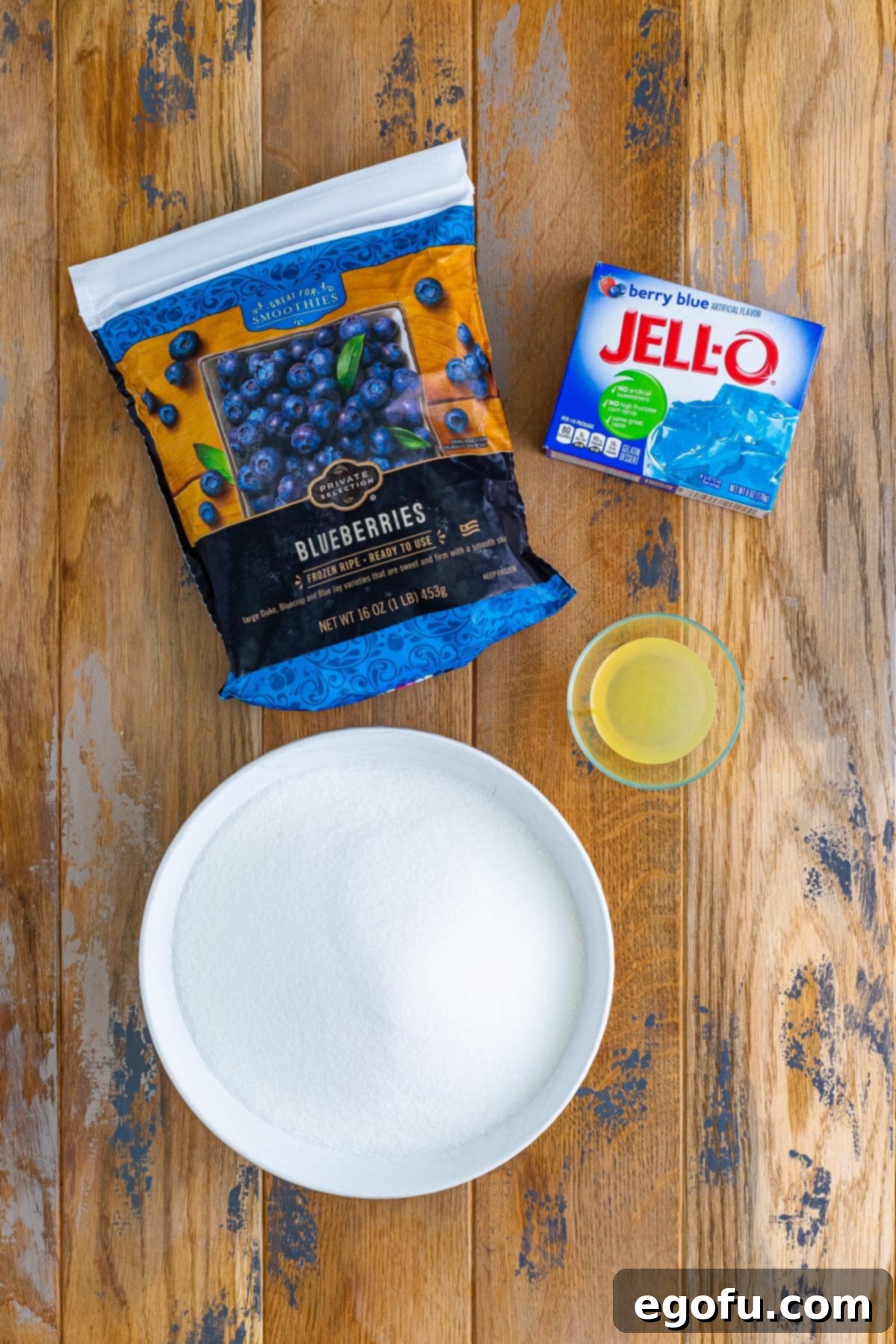 Blueberry Jello, sugar, and blueberries.