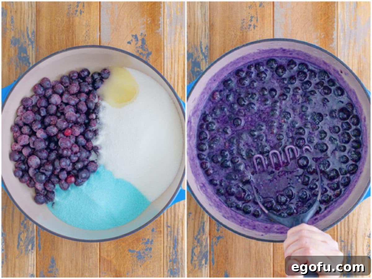 collage of two photos: frozen blueberries, sugar, berry blue jell-o and lemon juice added to a large pot; a potato masher mashing berries for jam.