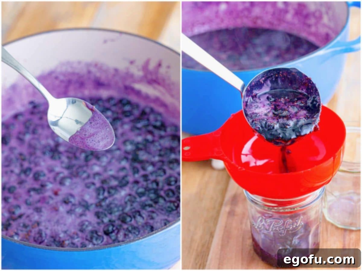 collage of two photos: a spoon removing the foam off the top of the jam; a ladle pouring warm blueberry jam mixture into a mason jar. 