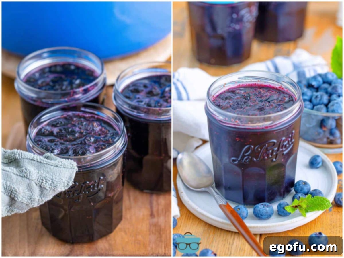 collage of two photos: a dish cloth wiping the mouth of the mason jar off; a jar of homemade blueberry jam on a plate.