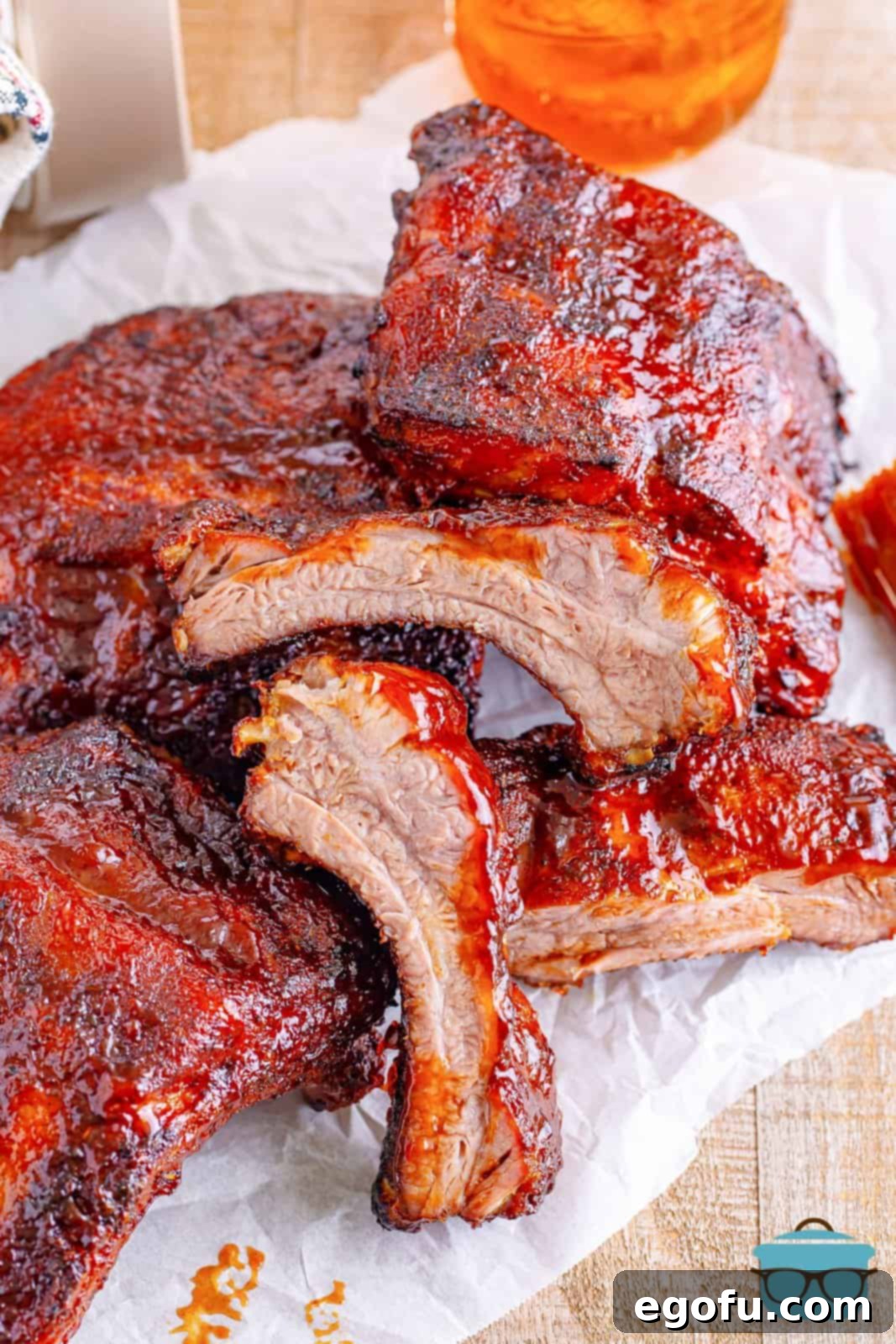 A pile of Air Fryer Ribs, perfectly glazed and ready to eat.