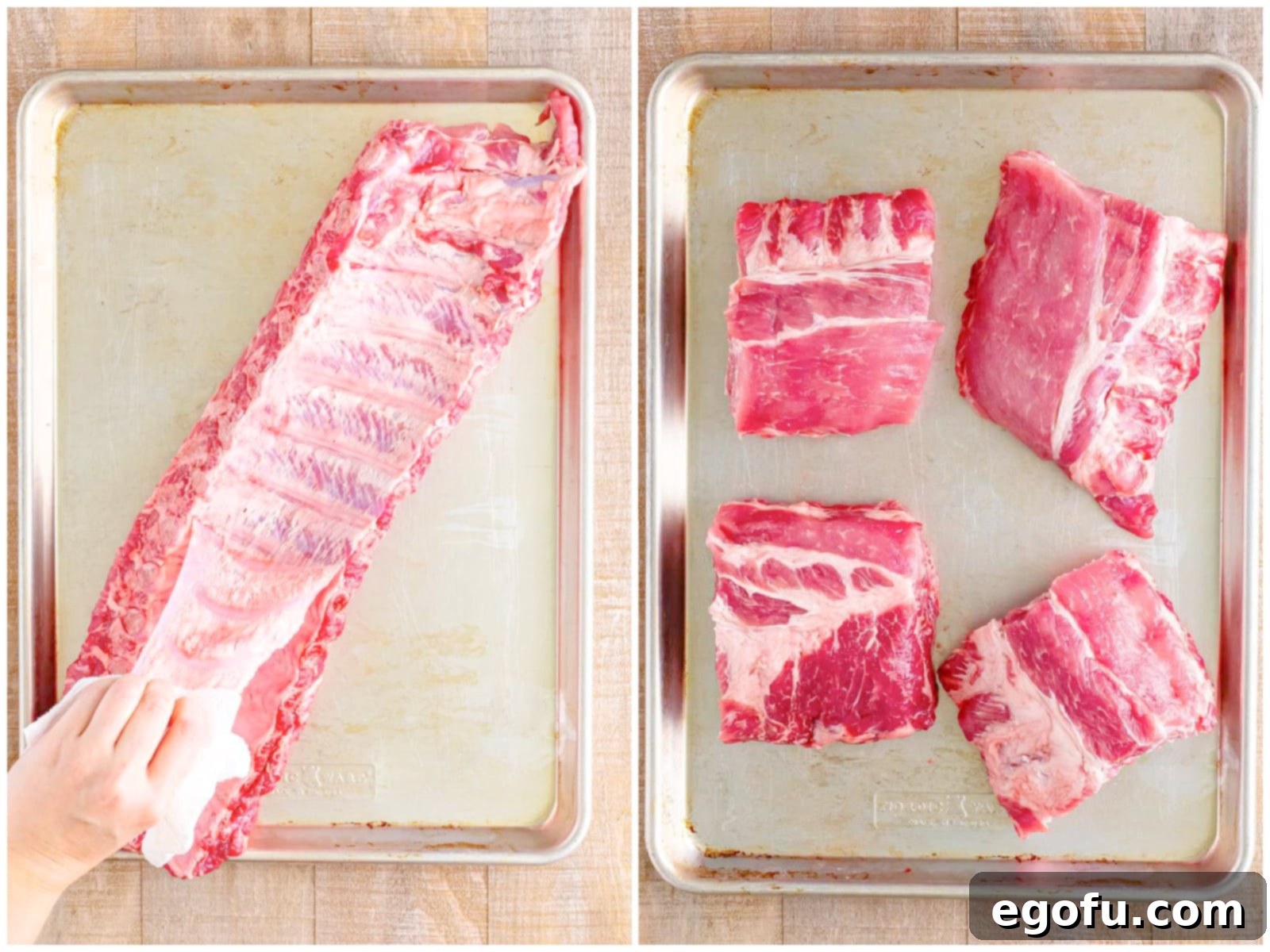 A collage of two photos showing the process of removing silver skin from ribs and then cutting them into four sections.