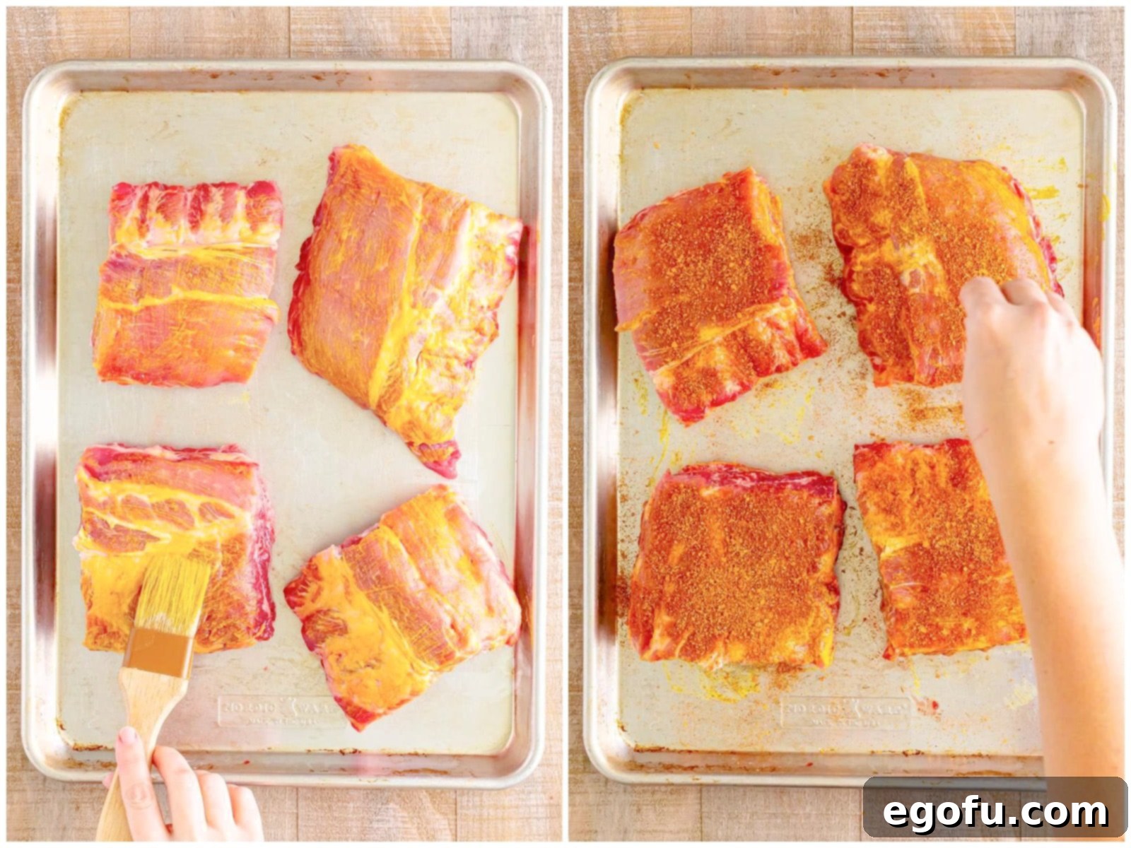 A collage showing mustard being spread on ribs and then seasoning being sprinkled over them.