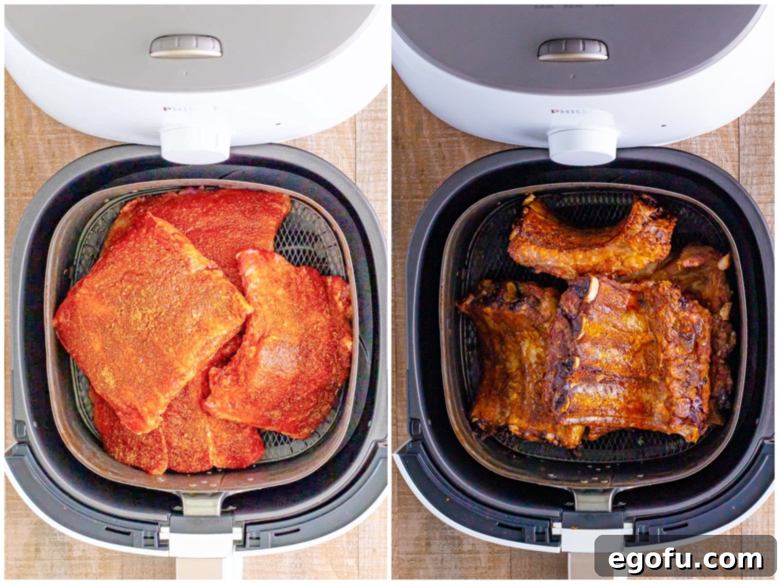 A collage showing seasoned ribs being placed into the air fryer basket and then flipped during cooking.