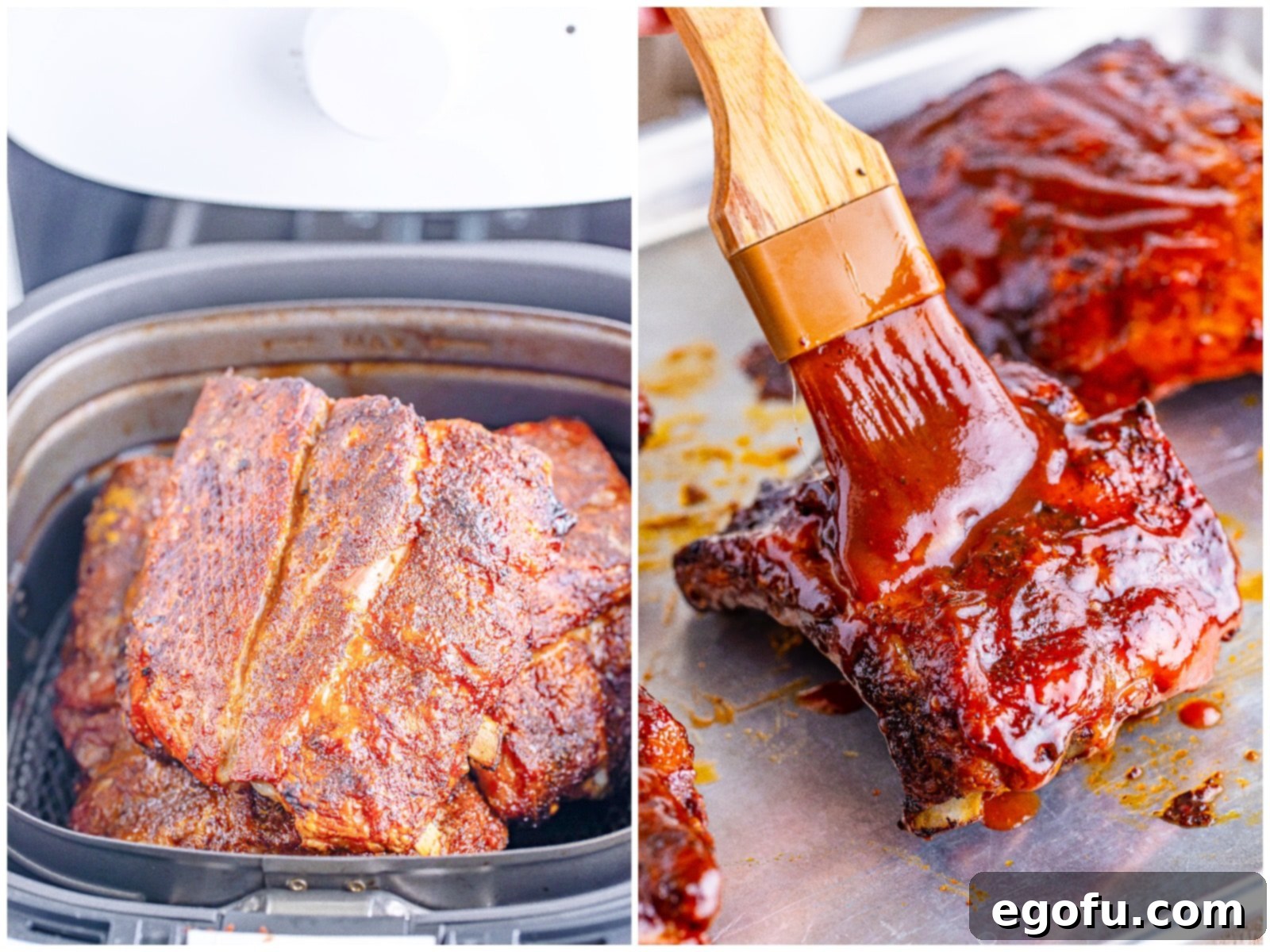 A collage showing fully cooked ribs removed from the air fryer and then being brushed with BBQ sauce.