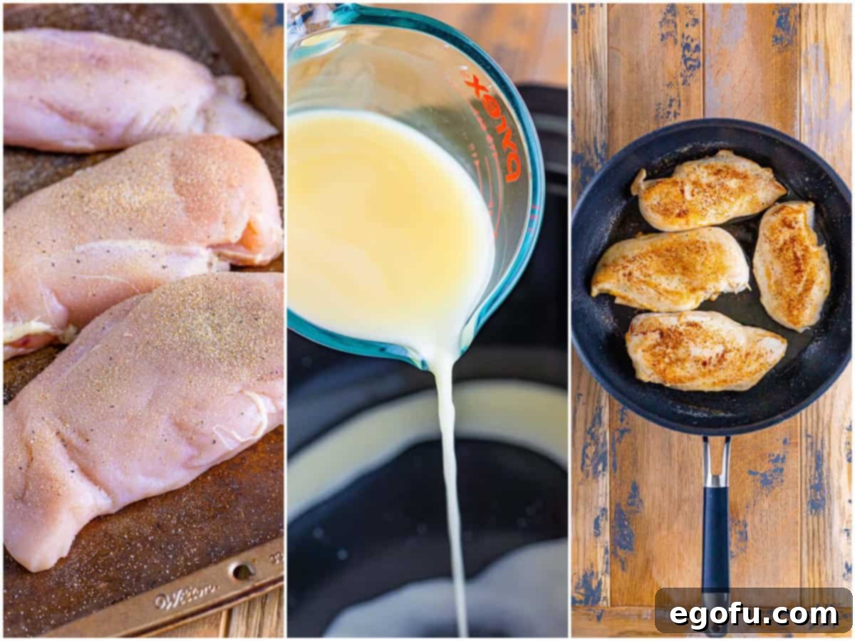 Slow Cooker Love Potion Chicken 5 collage of three photos: seasoned chicken on a sheet pan, melted butter being poured in a crockpot and cooked chicken breasts in a pan.