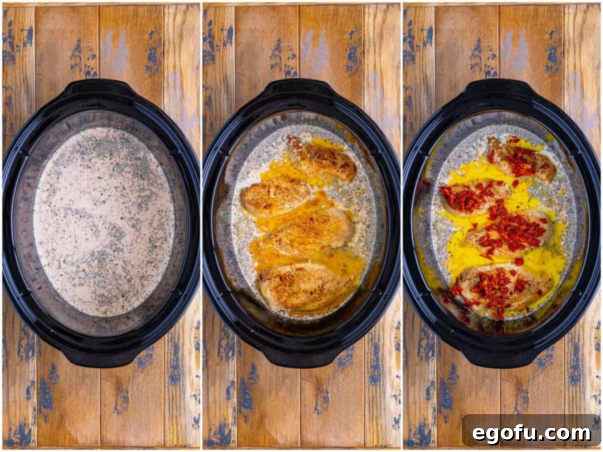 Slow Cooker Love Potion Chicken 6 collage of three photos: a crockpot with heavy cream, garlic, Italian seasoning, salt, black pepper, red pepper flakes, and paprika.