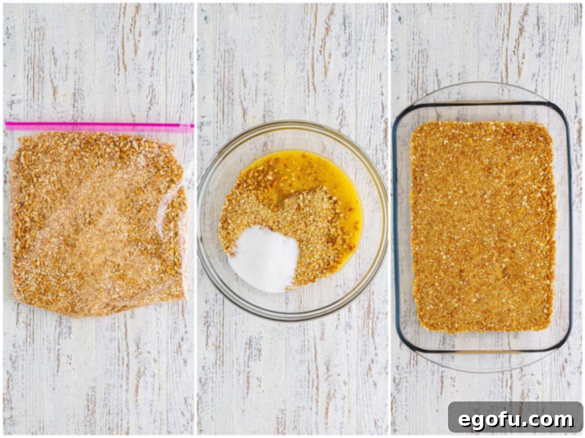 collage of three photos: a bag of crushed pretzels, a mixing bowl with pretzels, butter, and sugar, a baking dish with a pretzel crust.