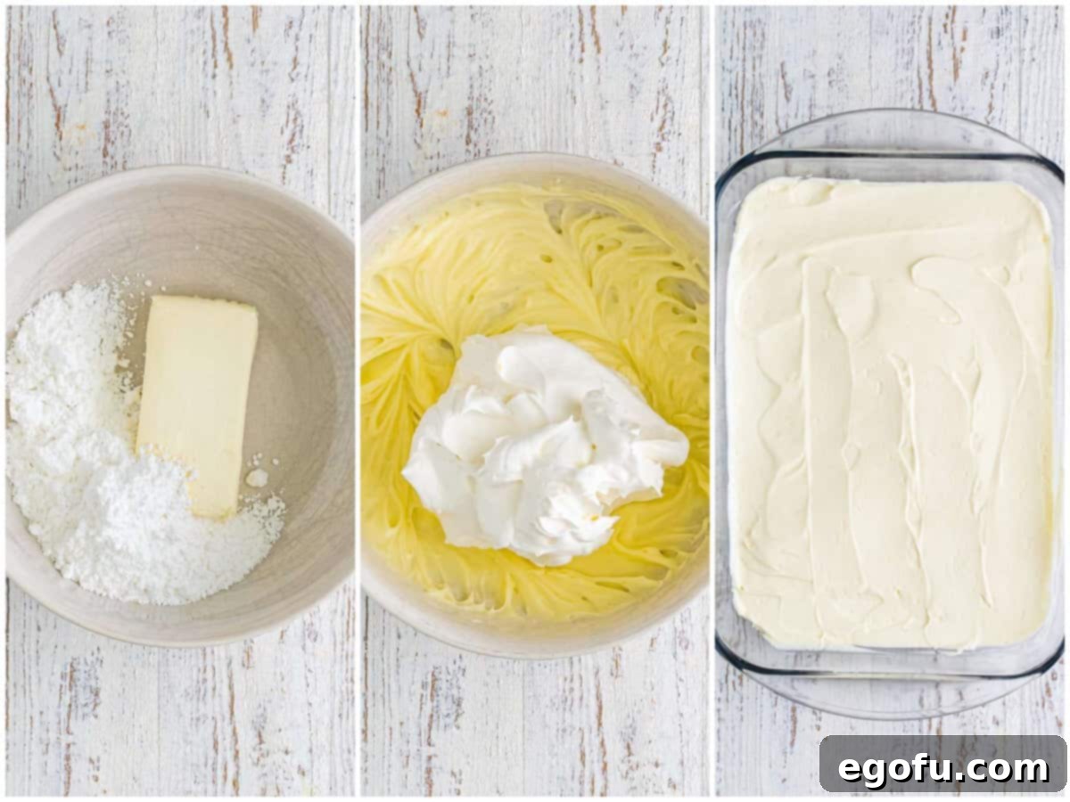 a collage of three process photos: cream cheese and powdered sugar in a bowl, cool whip added to cream cheese mixture in a bowl, cream cheese mixture spread on top of pretzel layer in baking dish. 