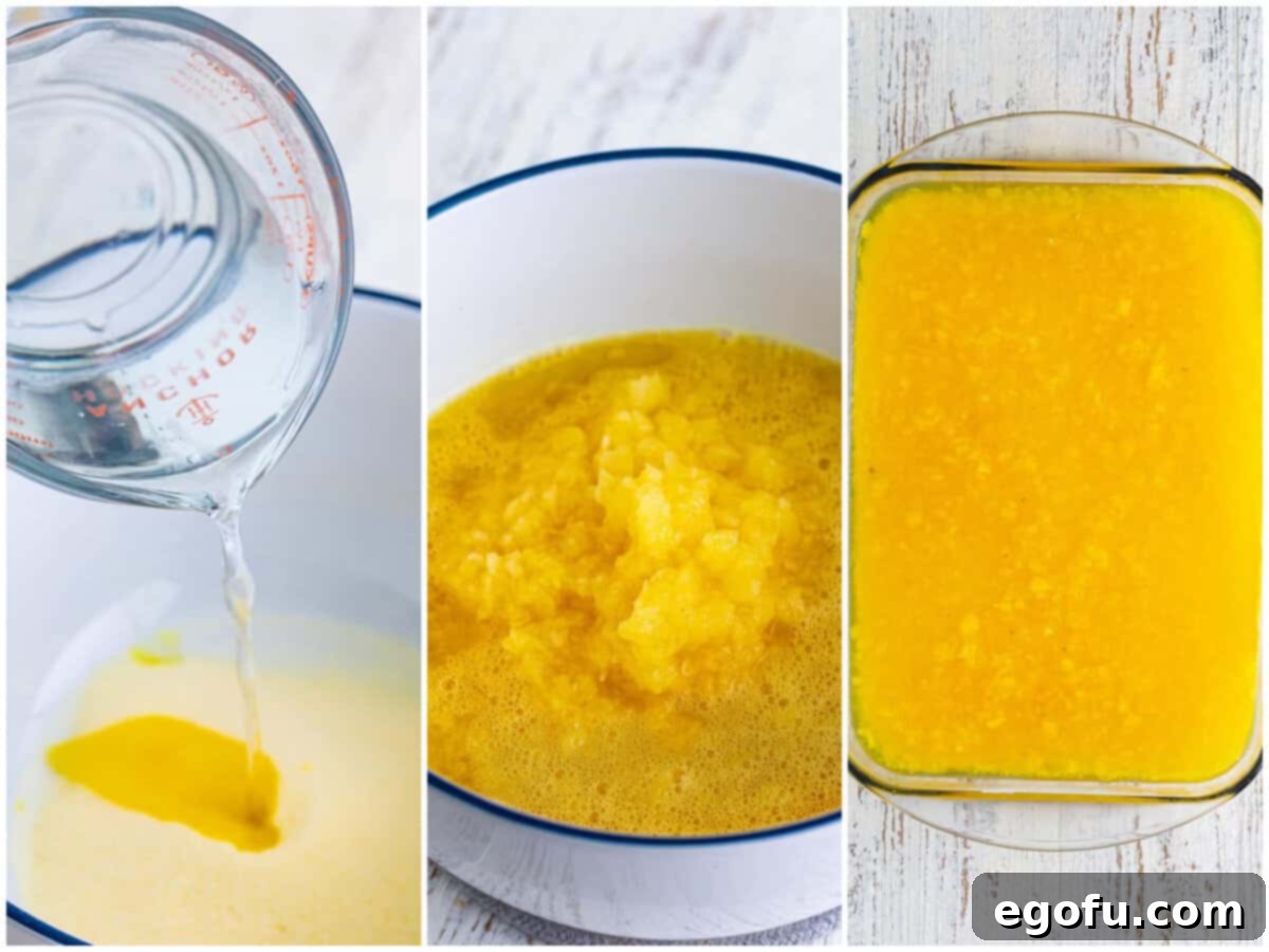 a collage of three process photos: hot water being poured in Jell-o mix, crushed pineapple in jello, a pineapple mixture on top of the rest of the Pineapple Pretzel Salad in a dish.