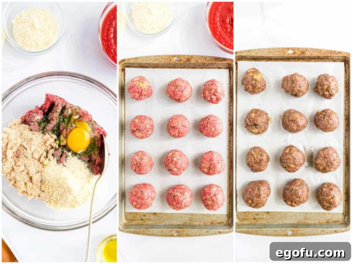 collage of three photos: A mixing bowl with ground beef, salt, pepper, onion powder, minced garlic, parsley, egg, Parmesan cheese, and bread crumbs,  meatballs on a parchment lined baking sheet and fully baked meatballs on baking sheet. 