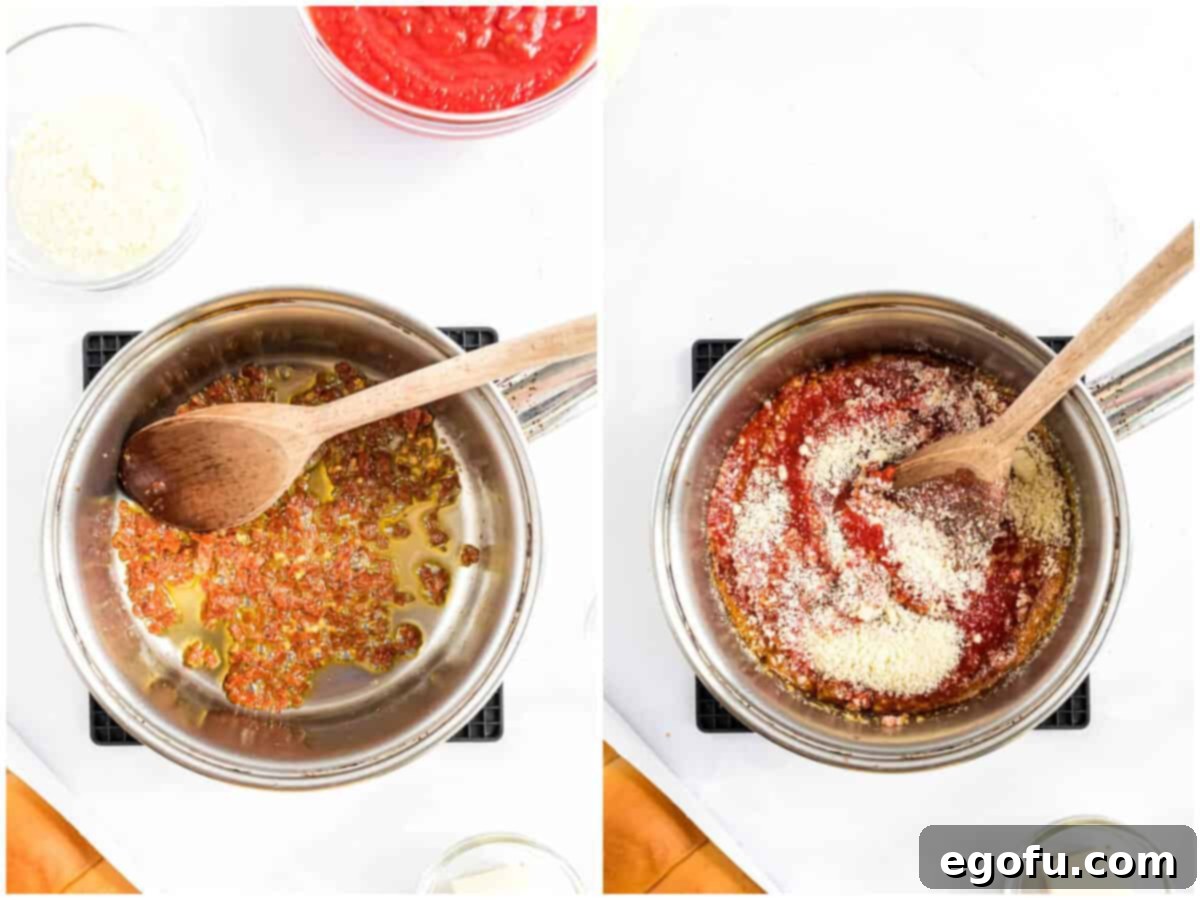 a collage of two photos: A saucepan with olive oil, pepperoni, and garlic and a saucepan with olive oil, pepperoni, tomato, basil, salt, pepper, cheese, and garlic.