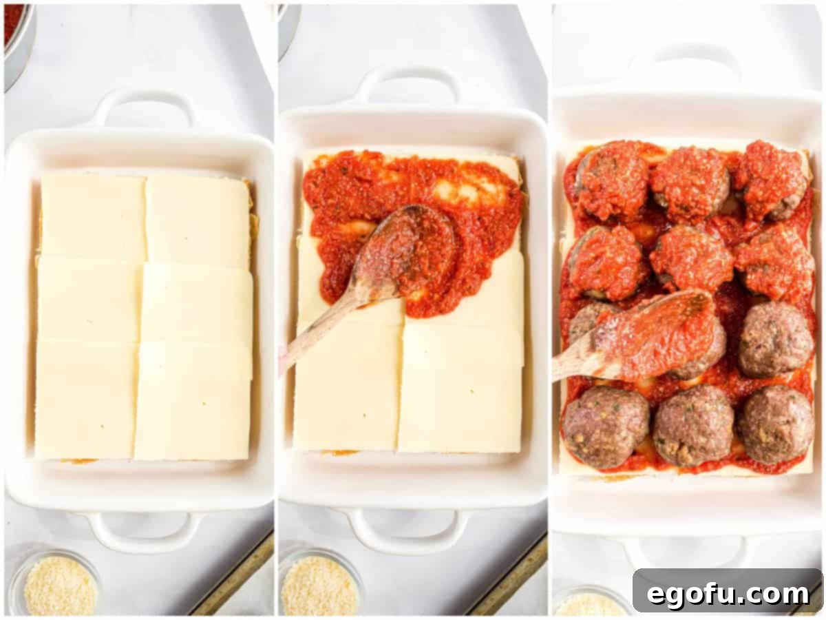 a collage of three photos: a baking dish with slider rolls and cheese on top, baking dish with slider rolls, sauce and cheese and meatballs on slider rolls with cheese and a wooden spoon spreading sauce on top.