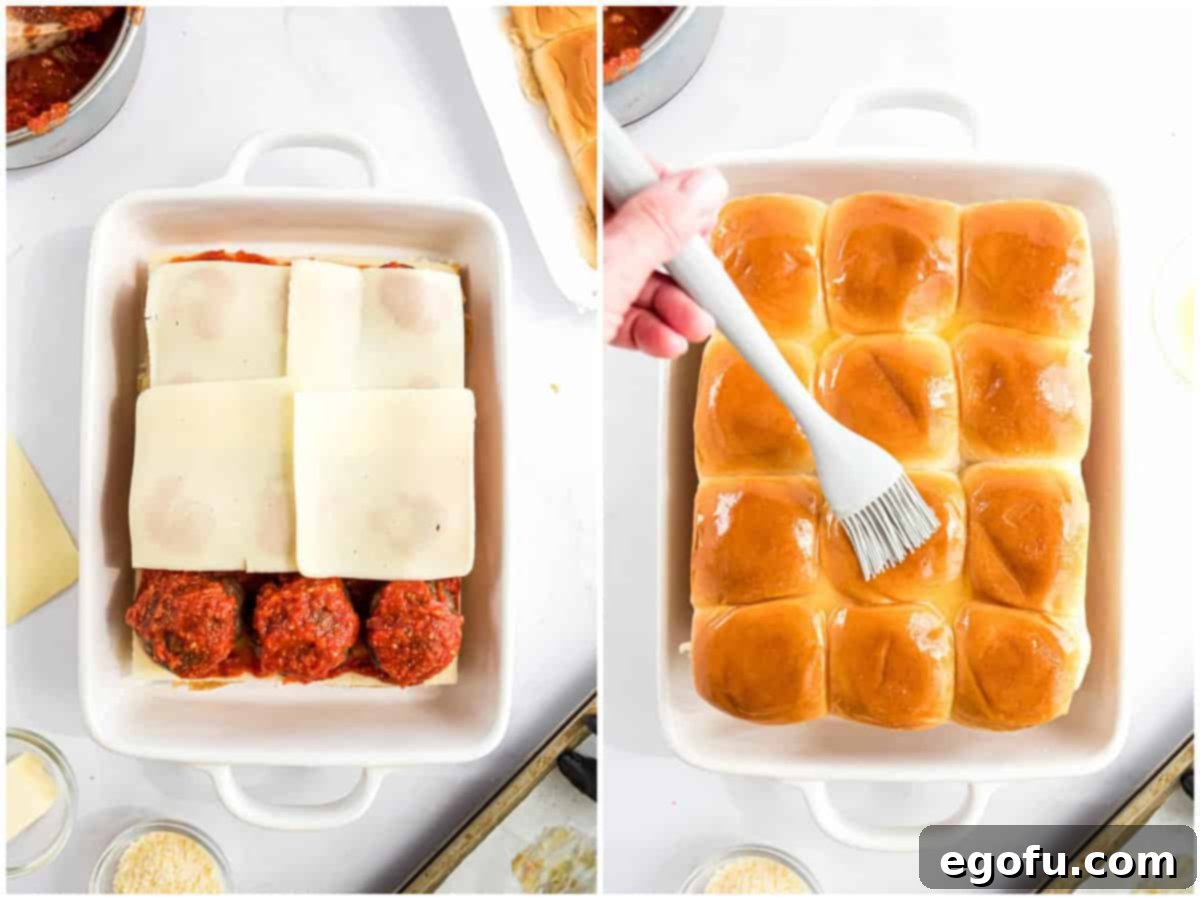 a collage of two photos: meatballs on buns with sauce, and more cheese and melted butter being brushed on top of slider buns.