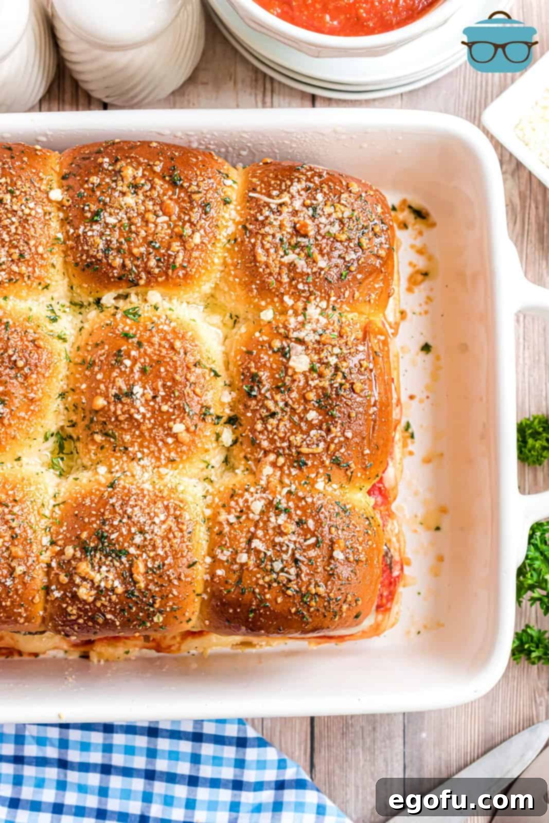 Baking dish with freshly made meatball sliders.