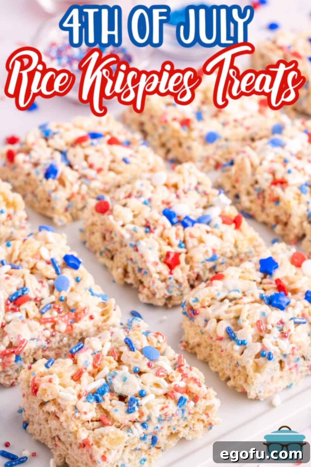 Star-Spangled Cereal Treats 3 A few homemade Rice Krispie Treats with red, white, and blue sprinkles.