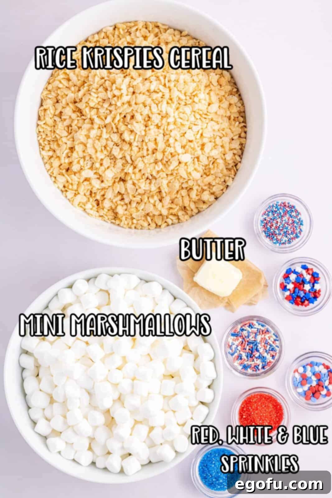 Star-Spangled Cereal Treats 4 salted butter, Rice Krispies cereal, mini marshmallows and red, white and blue sprinkles.
