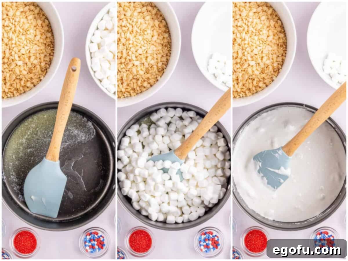 Star-Spangled Cereal Treats 5 a collage of three photos: A saucepan with melted butter and a spatula, A saucepan with marshmallows and melted butter and fully melted marshmallows in a saucepan.