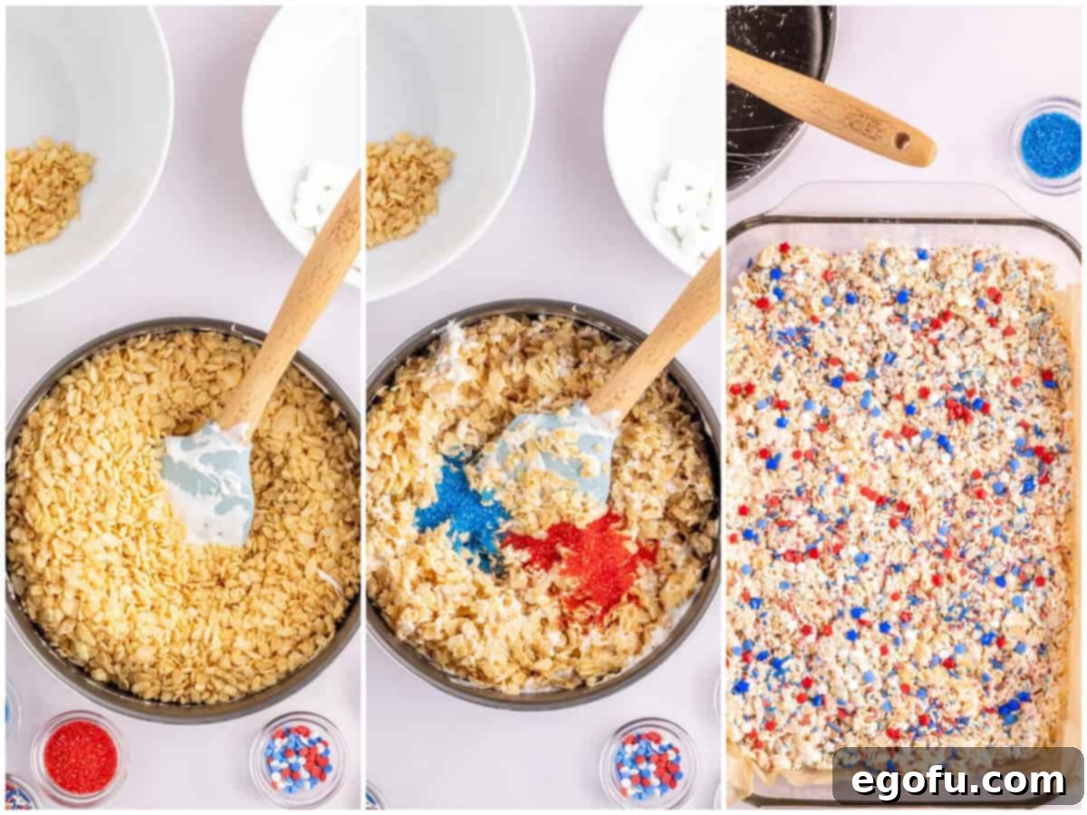 Star-Spangled Cereal Treats 6 collage of three photos: Rice krispies on top of melted marshmallows and butter in a saucepan, Red and blue sprinkles in a saucepan of Rice Krispies, Red and blue sprinkles on top of Rice Krispie Treats in baking dish.