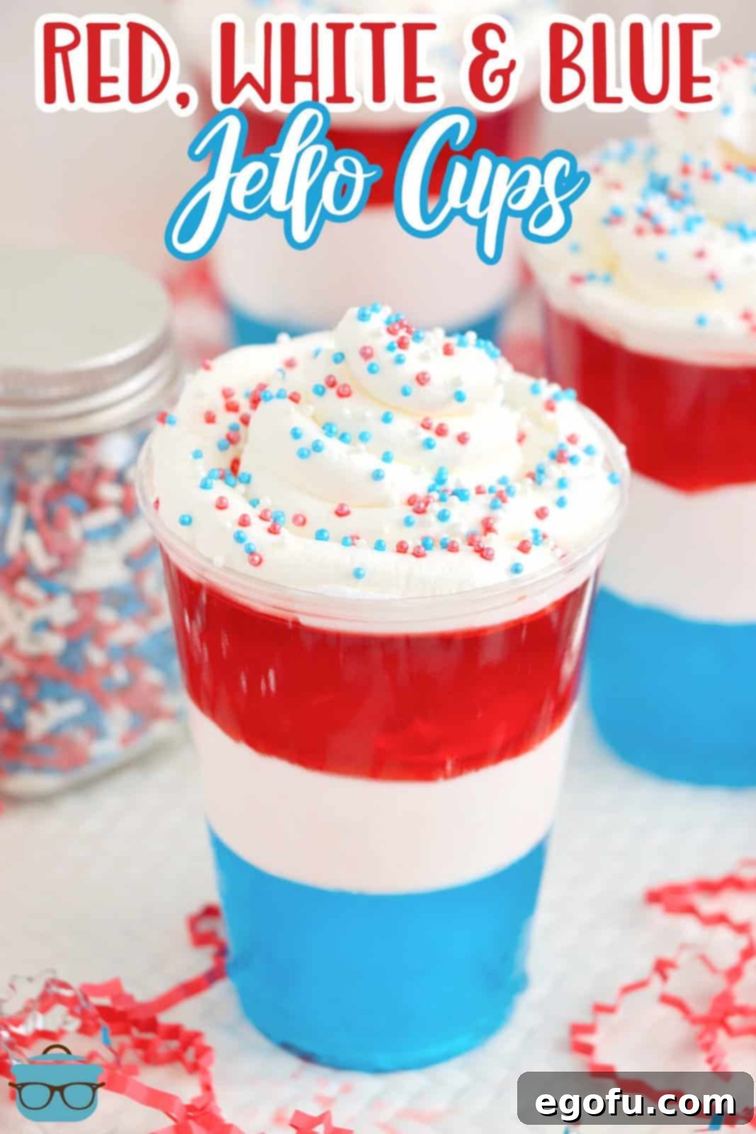 Festive Tri-Color Jell-O Cups 4 A single red, white, and blue Jell-O cup, showcasing the distinct layers.