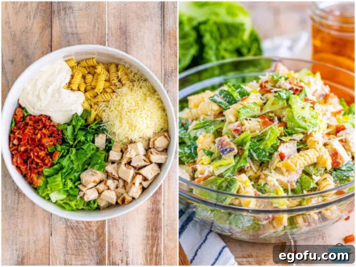 Collage showing the preparation process: separate ingredients on one side and the fully mixed Chicken Caesar Pasta Salad in a bowl on the other.