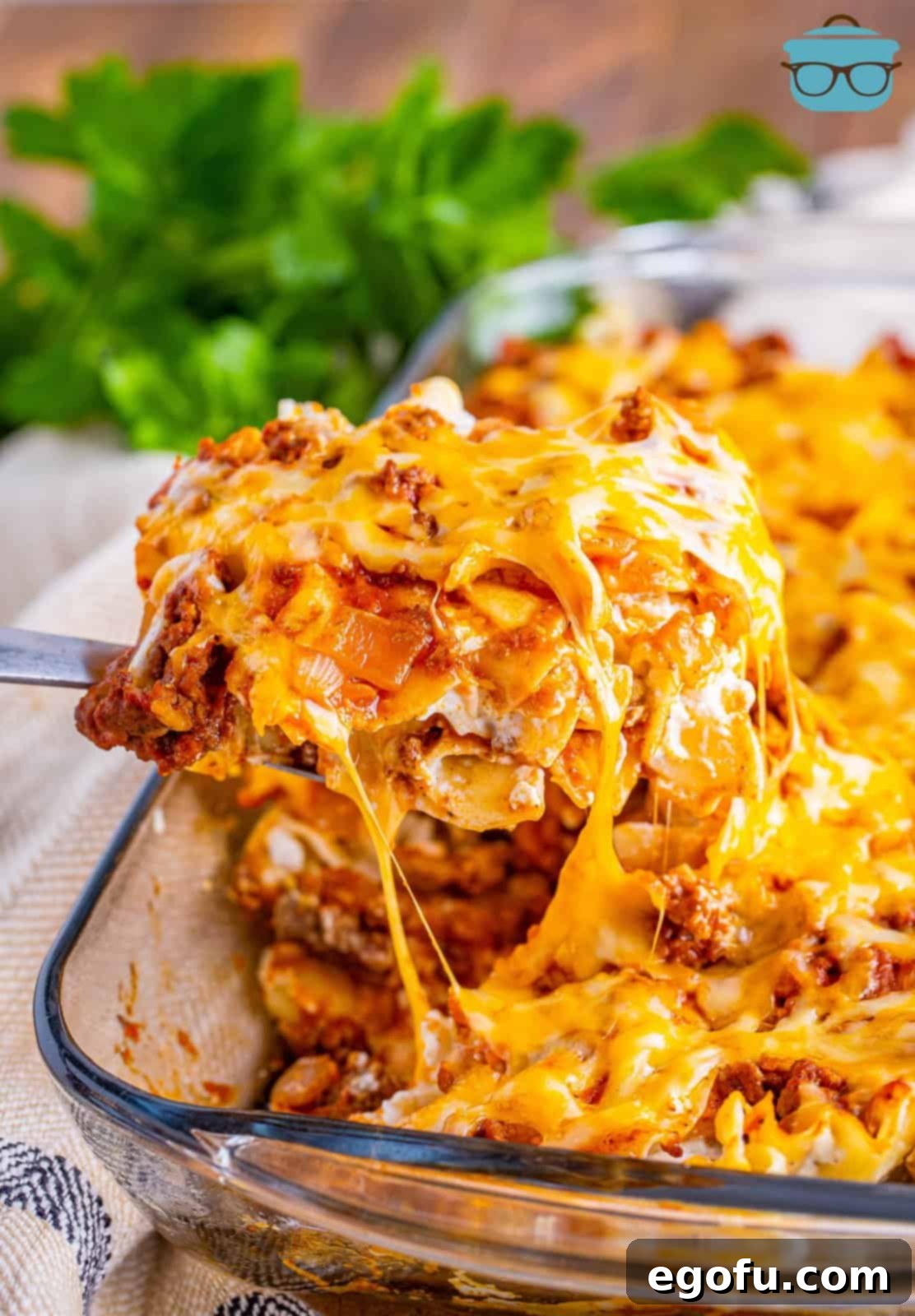 Creamy Baked Noodle Delight 2 A serving utensil holding a serving of Sour Cream Noodle Bake, showing the creamy noodles, meat sauce, and melted cheese.